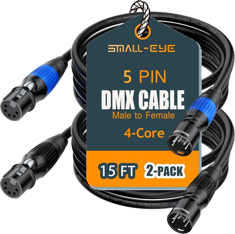 SMALL-EYE 5 Pin DMX Cable 15 ft 2-Pack – 4-Core Male to Female Stage Lighting Cable for DMX512 Controller, Multi-Color Coded (15') - Image 1